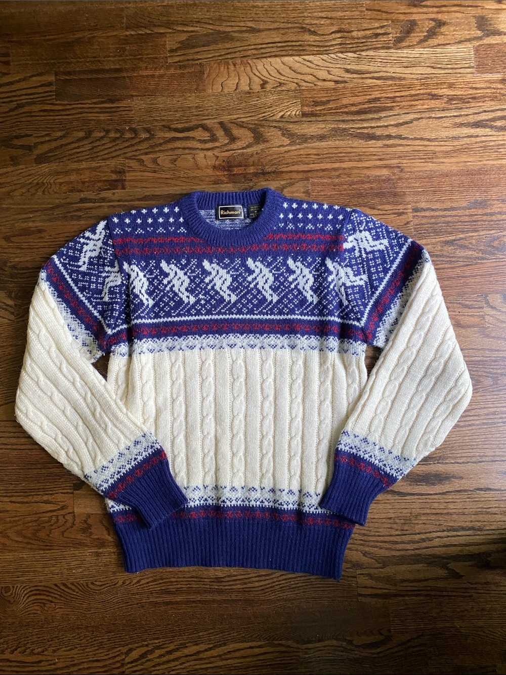 Vintage Ski Richmond Cream, Blue and Red Nordic Cable-Knit Crewneck Sweater